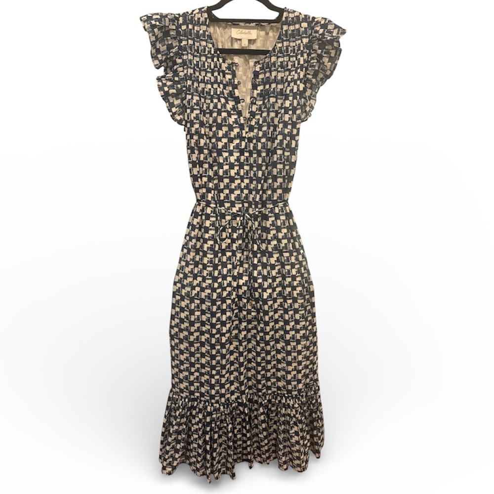 Cleobella Blue and Cream Checkered Midi Dress
